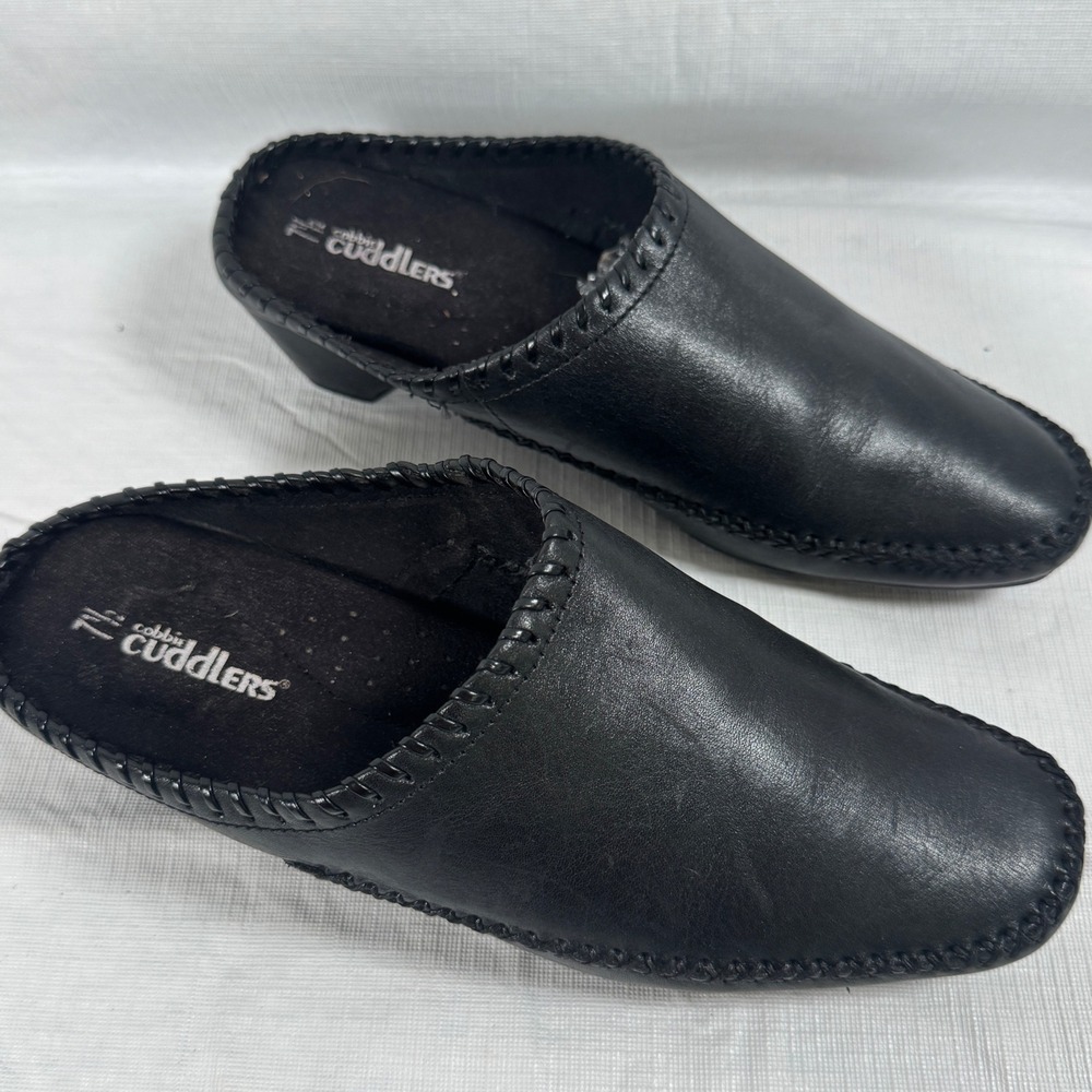 Cobbie Cuddlers Womens 7.5 Black Leather Mules Low Heel Slip On Clogs Whipstitch